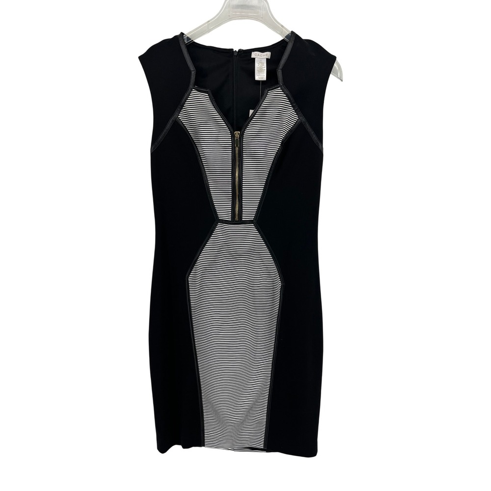 Cache Black White Striped Sheath‎ Dress Zipper Front Cap Sleeve Business Sz 10